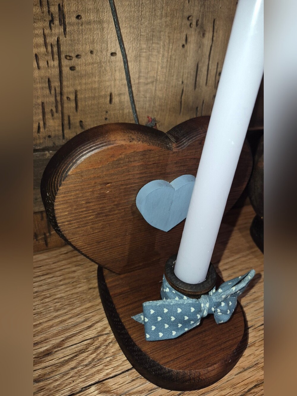 Set of handmade rustic wooden heart candle holders featuring blue heart accents - Picture 2 of 4